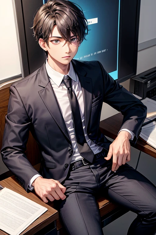 a boy is business boy wearing black shut and pant and he is in his office and giving presentation sitting in meeting