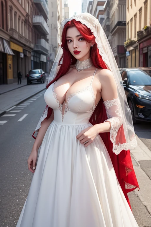 High quality(face+yellow eyes+red lips),  longest blue hair(huge +very ),a woman wear clothes ( wedding dress+veil), standing in the street ,red lips and perfect face,  body with biggest breasts and wide hips, photorealism v2