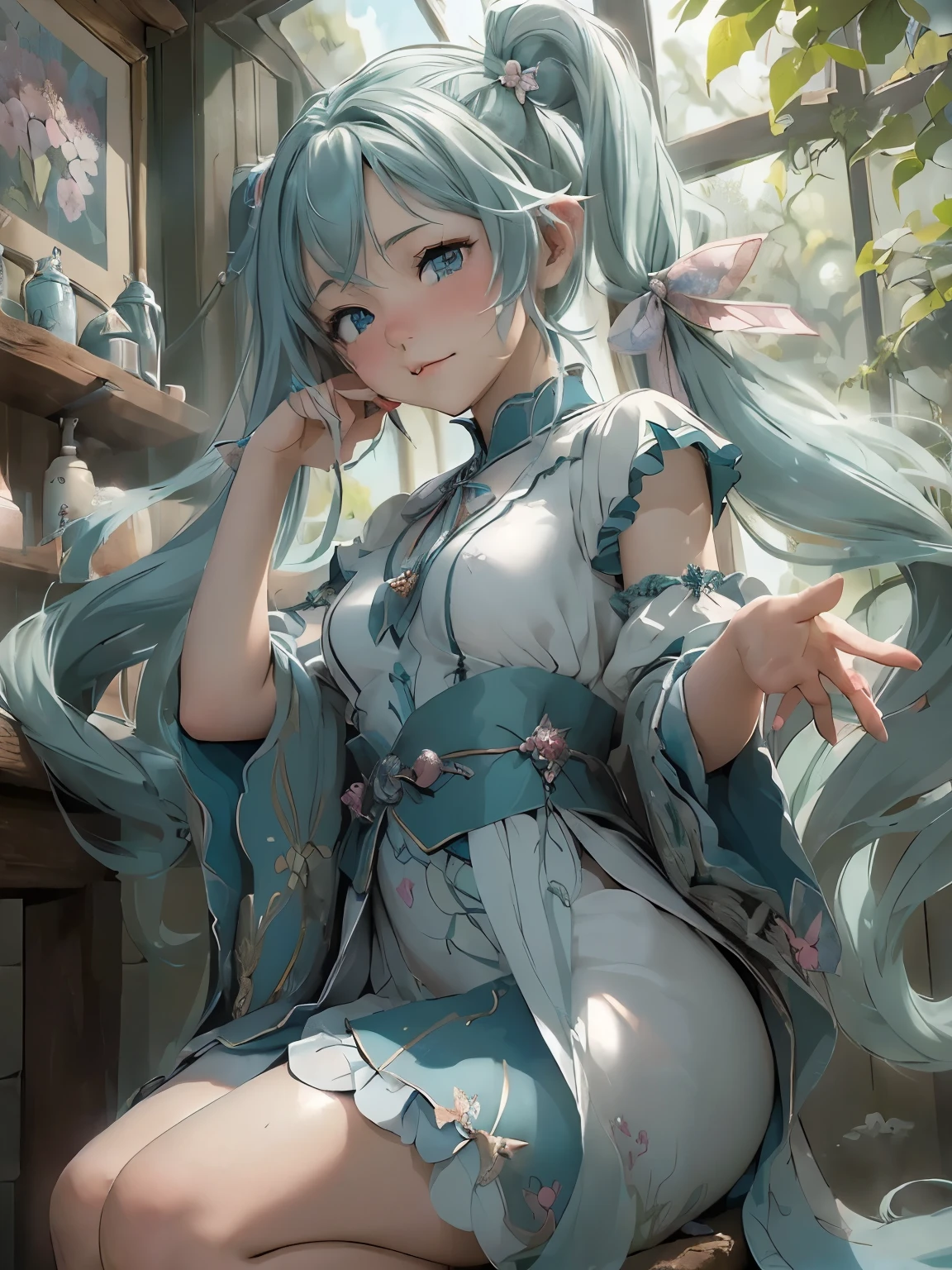 (masterpiece、highest quality、highest quality、Official Art、Beautiful and beautiful:1.2)、(One girl:1.3)Hatsune Miku、Twin tails,Big Breasts,High Quality Fantasy Comedy Anime Illustration. Innocent boy pooping magic soap bubbles with his hands, The little fairy is in a hurry The little fairy is in a hurry、Squeezed in unbreakable soap bubbles.