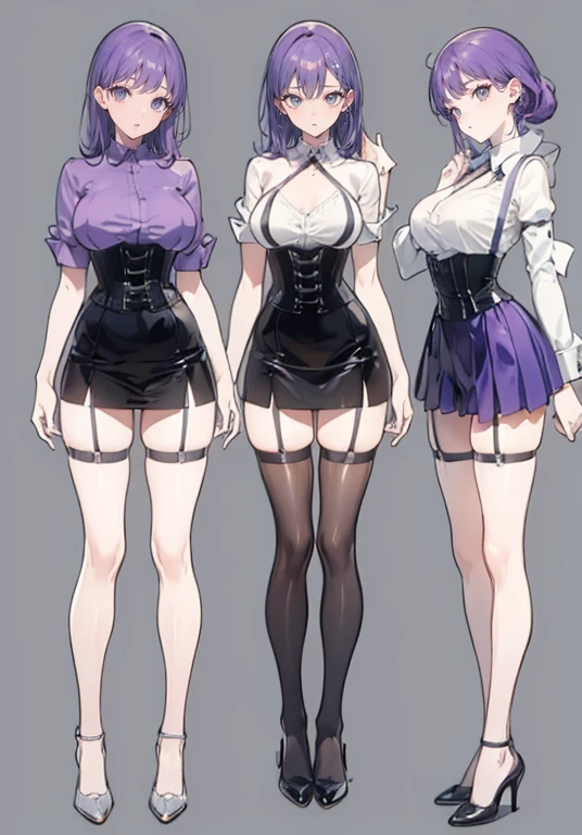 Purple Hair,Shortcuts,Adult female,(((Bartender))),((Body Harness)),((Rolling up your sleevesYshirt)),(Corset),(Tight Skirt),((Garter Belt)),High Heels,((Simple Background)),Smile,((Full Body)),((whole body)),Character Sheet,