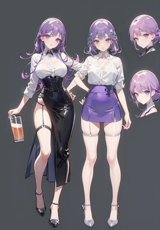 Purple Hair,Shortcuts,Adult female,(((Bartender))),((Body Harness)),((Rolling up your sleevesYshirt)),(Corset),(Tight Skirt),((Garter Belt)),High Heels,((Simple Background)),Smile,((Full Body)),((whole body)),Character Sheet,
