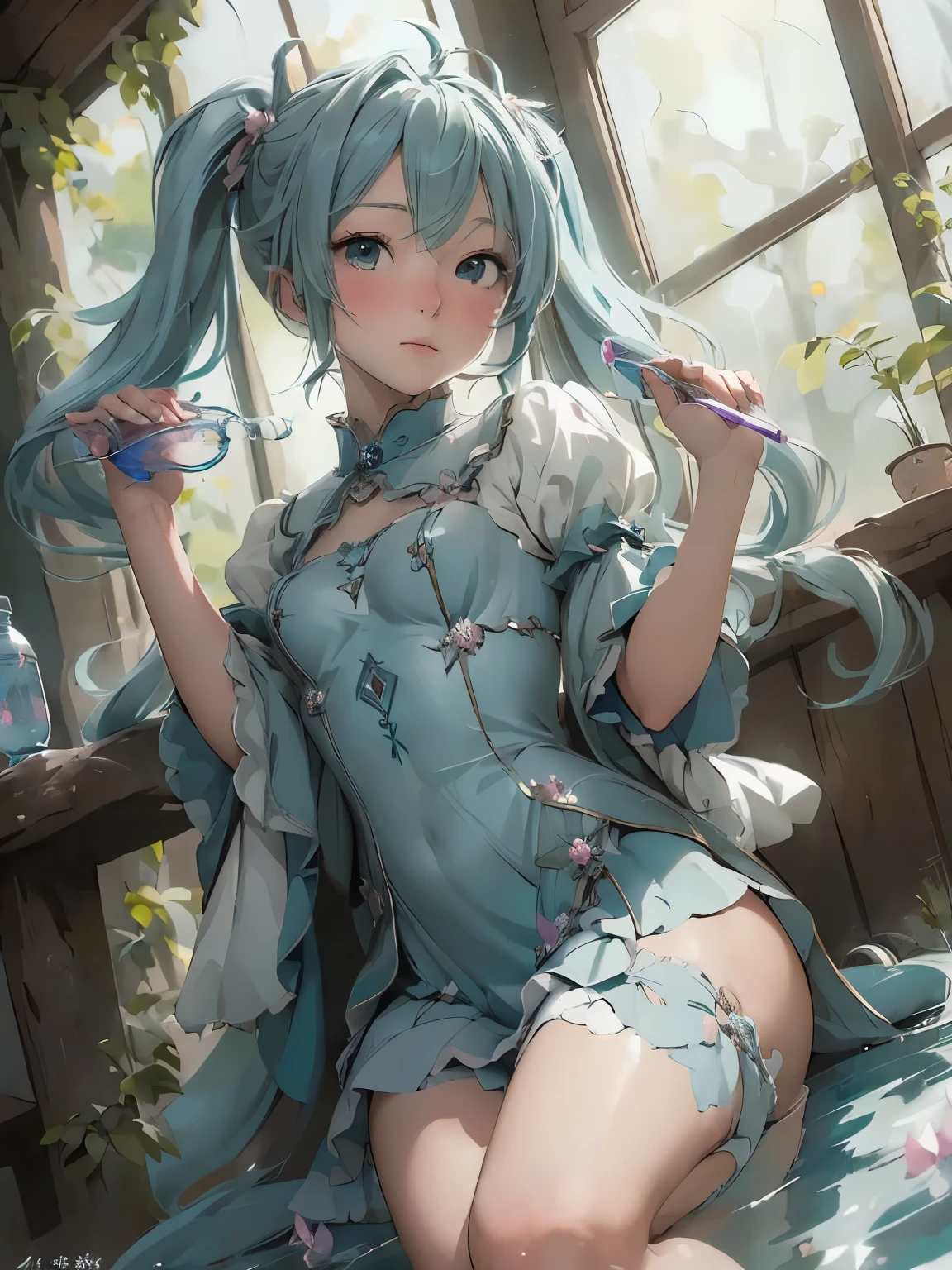 (masterpiece、Highest quality、Highest quality、Official Art、Beautiful and beautiful:1.2)、(One girl:1.3)Hatsune Miku、Twin tails,Beautiful breasts, Katsushika Hokusai,One girl, [ (Surrealist art designed by Tony Sandoval:0.7) | (Olivier Assayas:0.7) ], Magnificent stained glass style, Cubism, elegant, ([city|Mbabane]:1.3) From inside the art gallery, That&#39;s so mispunky and annoying, The lavender forest is filled with fantastic colors., At dawn, mitigate, Key Light, LUSM, primary color, Caustics, Double exposure, wallpaper, 4K
