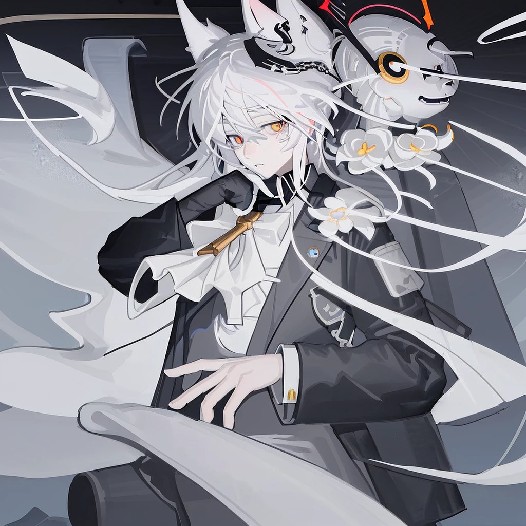 Anime character boy White hair, black eye, school suit black, background white, small horns in head