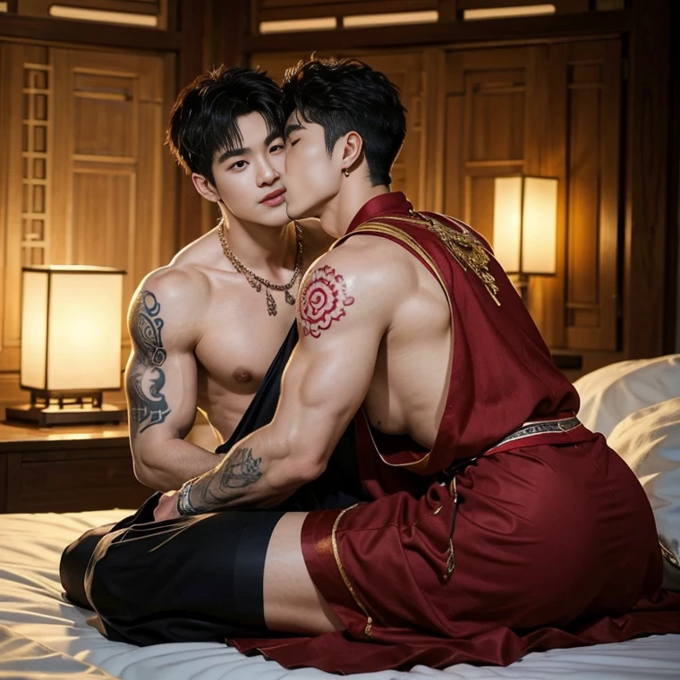 ( safe for work),Two handsome boys kissing, smiling at each other,hugging, kissing, touching lips, cuddle, romantic,skin ship, Chinese Men God, Mythology, realistic, Chinese odyssy, super Handsome,manly, kpop idol, handsome korean actor, 20 years old,, detailed face, manly jawline, detailed mess curly styling hair, Topless, Muscles, big breast Athlete body, Full Frame,full body shoots, realistic, human skin, tattoo breast, Professional studio Lighting, long red tibet wedding Outfit, jade and golden pendent all over , detailed jewery in dress, earings,Chinese ancient wedding Background,out door, super detailed background,look at camera , open mouth, thin Underneathe Underwear, tibet Warrior, Hanfu red wedding dress, tibet Male, tibet Nobel, Seduce , bare chest , tattoo chest, tattoo arms, tattoo hands, tattoo back, tattoo legs , tattoo belly, big juicy butts, 