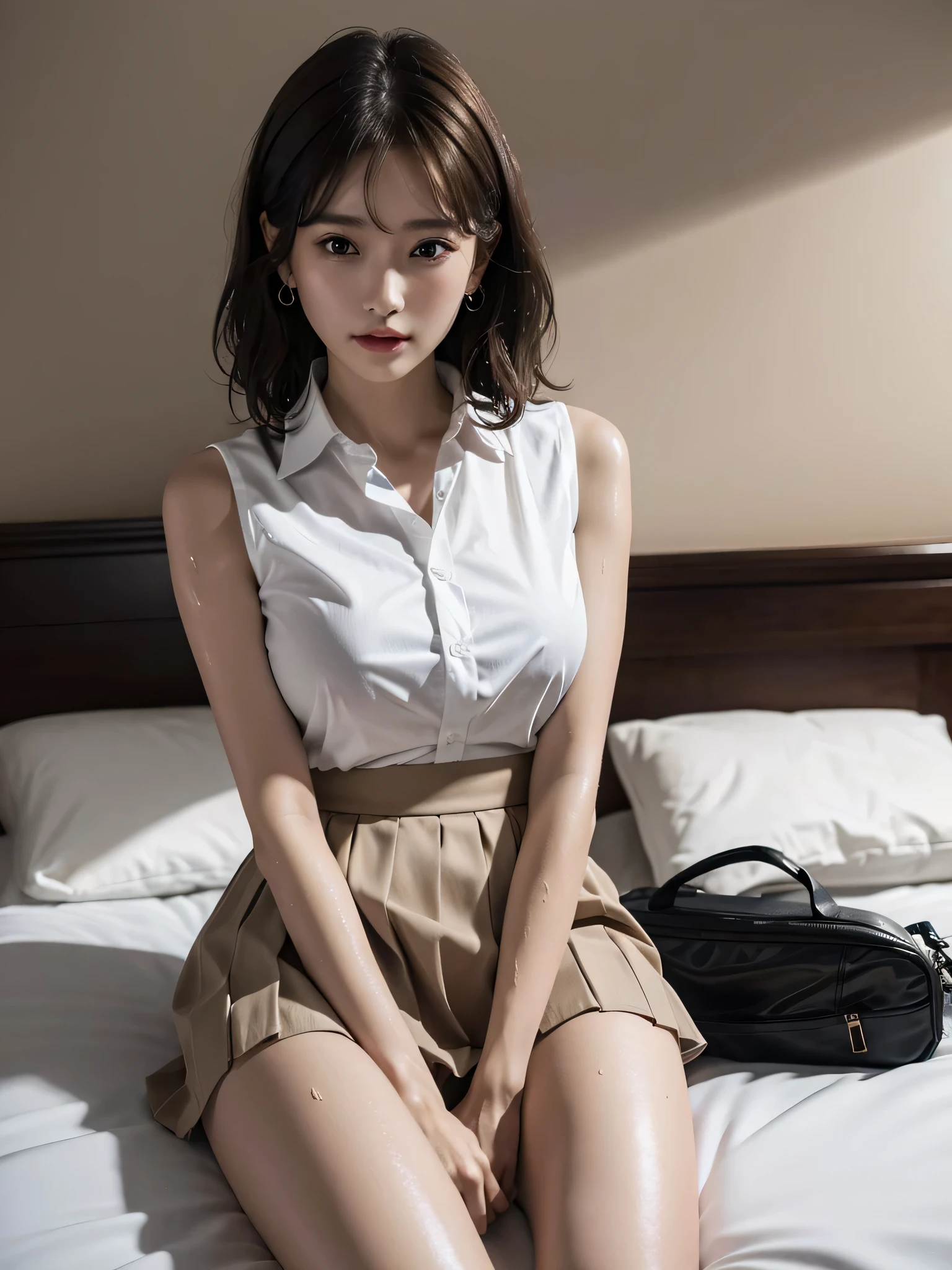 absurdres, RAW photo, extremely delicate and beautiful, masterpiece, Best Quality, ultra high resolution, 16k, hyperrealistic, ultra-detailed, perfect anatomy, super Detailed skin, perfect figure, Very detailed CG 8k wallpaper, in her 20s, very Slim body, narrow waist, very small head, very small face, delicate facial features, tearful mole, earring, thin legs, (very huge round breasts), 3 girls, (full body shot), bare legs, short hair, wavy hair, light brown hair, ((wet)), (school uniform), skirt, collared dress shirt, bed, sleeveless, guitar,