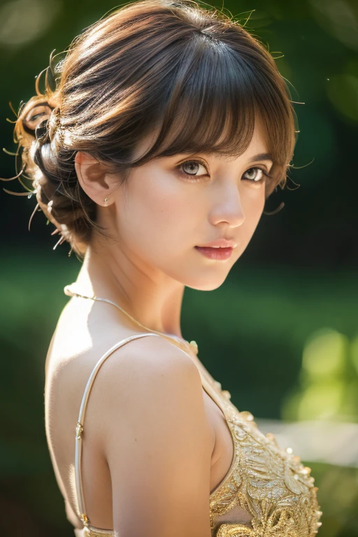 masterpiece, highest quality, ultra detailed, high resolution, (realistic, photo-realistic:1.37), good anatomy, 1 beautiful woman, voluminous updo, natural wavy, pixie cut, looking a viewer, (cinematic:0.7), depth of field, exteriors, night time, (character on front:1.3), ivory hair, golden eyes, ((upper body)), best light, best shadow, mysterious, perfect face, highly detailed,