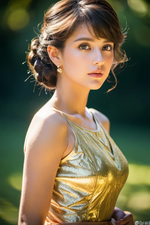 masterpiece, highest quality, ultra detailed, high resolution, (realistic, photo-realistic:1.37), good anatomy, 1 beautiful woman, voluminous updo, natural wavy, pixie cut, looking a viewer, (cinematic:0.7), depth of field, exteriors, night time, (character on front:1.3), ivory hair, golden eyes, ((upper body)), best light, best shadow, mysterious, perfect face, highly detailed,
