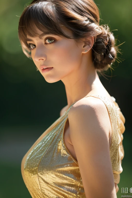 masterpiece, highest quality, ultra detailed, high resolution, (realistic, photo-realistic:1.37), good anatomy, 1 beautiful woman, voluminous updo, natural wavy, pixie cut, looking a viewer, (cinematic:0.7), depth of field, exteriors, night time, (character on front:1.3), ivory hair, golden eyes, ((upper body)), best light, best shadow, mysterious, perfect face, highly detailed,