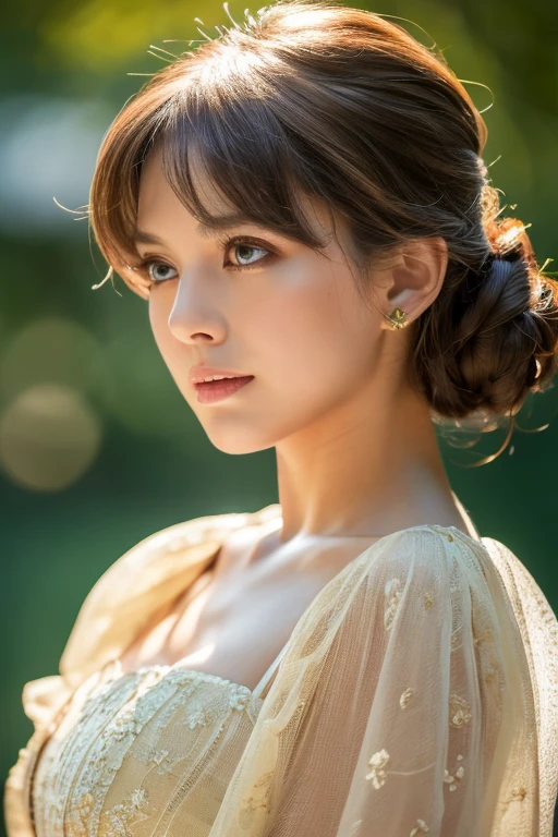 masterpiece, highest quality, ultra detailed, high resolution, (realistic, photo-realistic:1.37), good anatomy, 1 beautiful woman, voluminous updo, natural wavy, pixie cut, looking a viewer, (cinematic:0.7), depth of field, exteriors, night time, (character on front:1.3), ivory hair, golden eyes, ((upper body)), best light, best shadow, mysterious, perfect face, highly detailed,