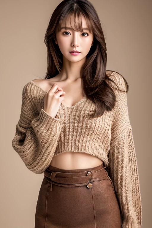 Masterpiece, top-quality, high resolution, Photorealsitic, sharp, Raw photography, 8K wallpaper, flawless, Professional lighting, highly detailed, depth of fields, Pale solid color background, ((one beautiful women, Skinny Japanese mature)), (30 years old), Sexy, Detailed face, beautidful eyes, bangs, small breasts, very thin waist, Light Brown Straight Hair, Faint lips, ((standing at front, Staring at the viewer, serious face eyes.)), Sweaters, skirt, (full-body photo), cowboy shot