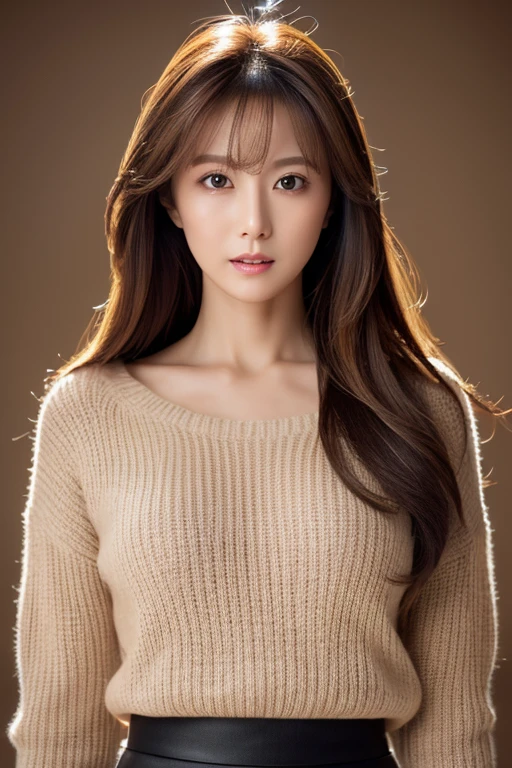 Masterpiece, top-quality, high resolution, Photorealsitic, sharp, Raw photography, 8K wallpaper, flawless, Professional lighting, highly detailed, depth of fields, Pale solid color background, ((one beautiful women, Skinny Japanese mature)), (30 years old), Sexy, Detailed face, beautidful eyes, bangs, small breasts, very thin waist, Light Brown Straight Hair, Faint lips, ((standing at front, Staring at the viewer, serious face eyes.)), Sweaters, skirt, (full-body photo), cowboy shot