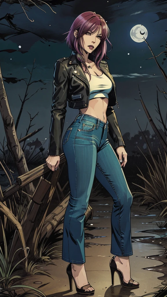 vector image, 2d cartoon,masterpiece, An anime woman,colored hair, tight ultra-long bootcut jeans, heels, leather biker jacket:1.1, provocative pose, orgasm gloomy ecstasy expression, touches herself in sensually places,near swamp, standing, crop-top,heels, looks around, night