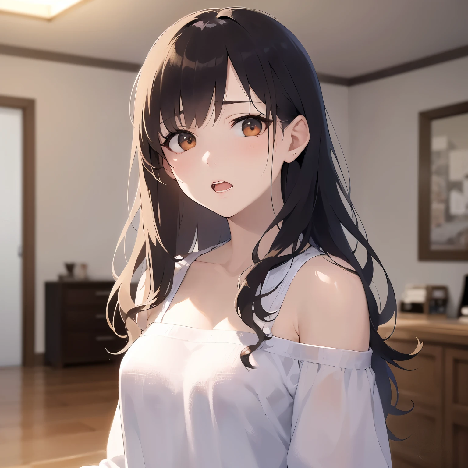 outstretched arm、Biologically correct five fingers、Upper Body, Realistic, real person, (pale skin: 1.2), RAW photo, photorealistic, portrait photography, shiny skin, shiny hair、(A 25-year-old woman with medium-length hair and bangs) and (wavy hair) and (brown hair) and (orange eyes) , (white:1.5) and (Off-the-shoulder blouse)、(sad:1.4), open mouth, The background is the living room at night、dark、Alone、Are standing
