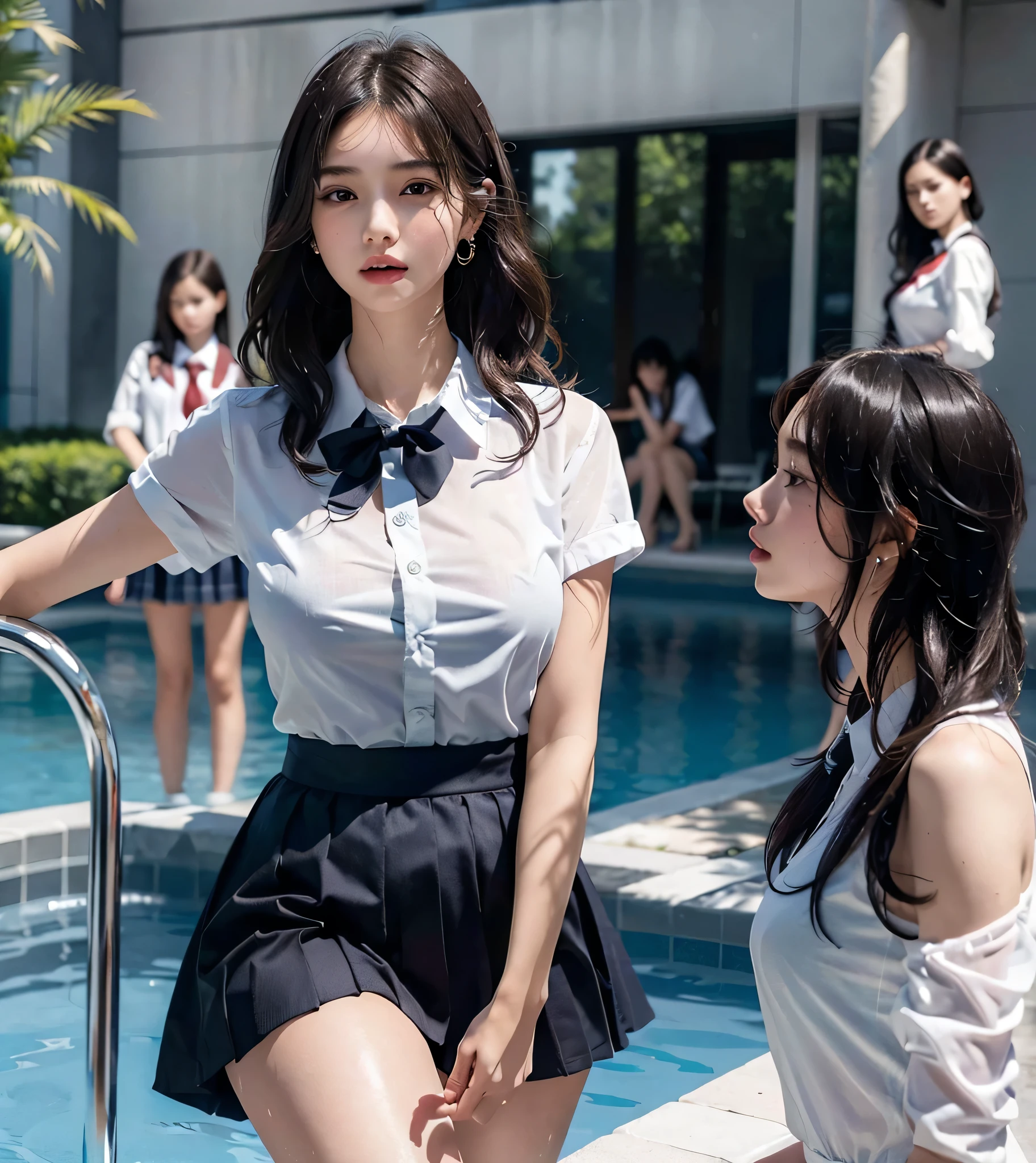 absurdres, ((RAW photo)), ((extremely delicate and beautiful)), masterpiece, ((Best Quality)), ((ultra high resolution)), ((32k)), ((hyperrealistic)), ((ultra-detailed)), perfect anatomy, perfect figure, super Detailed skin, 30 years old, very Slim body, narrow waist, very small head, very small face, delicate facial features, tearful mole, earring, thin legs, ((very huge round breasts)), (full body shot), ((((3 girls)))), short medium hair, ((wavy hair)), wet clothes, ((school uniform)), (dress shirt), outdoor, (school pool),