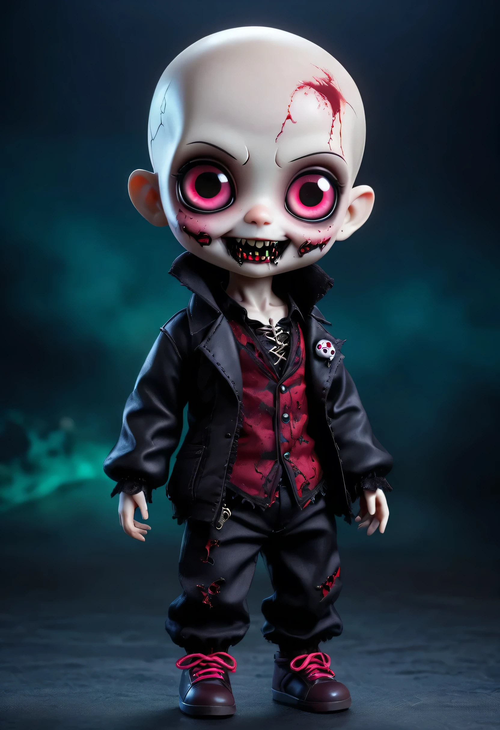 (best quality,4k,highres,masterpiece:1.2),cute chibi-style zombie doll,toy,plush,adorable,stitched body,dark theme,grotesque charm,Big and round eyes,and light grey skin,small fangs,playful expression,Bald head, tattered clothes,cute little limbs,mischievous posture,dark backgrounds,horror,unique character design,flashy colors, (gothic atmosphere), (moonlit background), (standing proudly), (mysterious smile), (sinister charm),(dark, moody lighting), (translucent skin), (subtle veins on the neck).