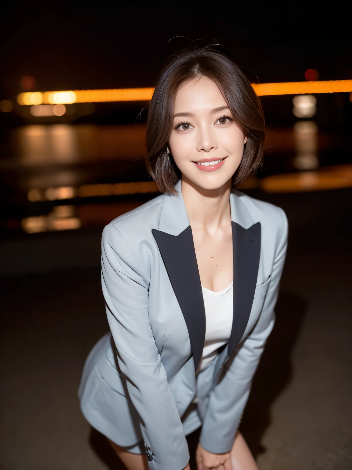 masterpiece,highest quality, (One mature woman、42 years old), ((close:0.5)), ((Cross Arm)), Glare, Grey blazer, White shirt, double eyelid, eyelash, Lip gloss, (smile:1), ((close your eyes:0.85)), ((Looking at the audience、Whole body image、Are standing)), to be born, (From above:0.2), ((no one)), （office）、（Knee-length、Knee-high boots）、Written boundary depth、尖ったRed Mouth、(Reddish brown wet shiny short hair,,,,,,,,,),Red Mouth,clavicle、Full body portrait、digital illustration, (Photorealistic:1.3),(RAW Photos.)