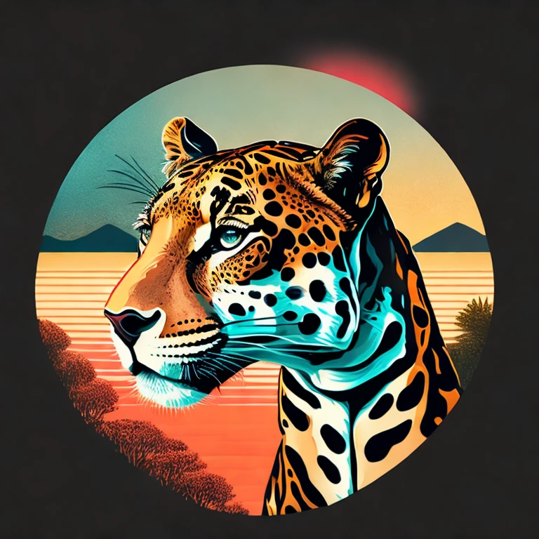 T-Shirt Graphic Design Art, a retro graphic design, Because it's a Jaguar, Smooth 4 colors, Tom Pastel Vintage, highly detailed cleaning, Vector Image, A masterpiece of realism, Professional photography, sunrise background, Flat black background, Isoscale, Vibrant Vector