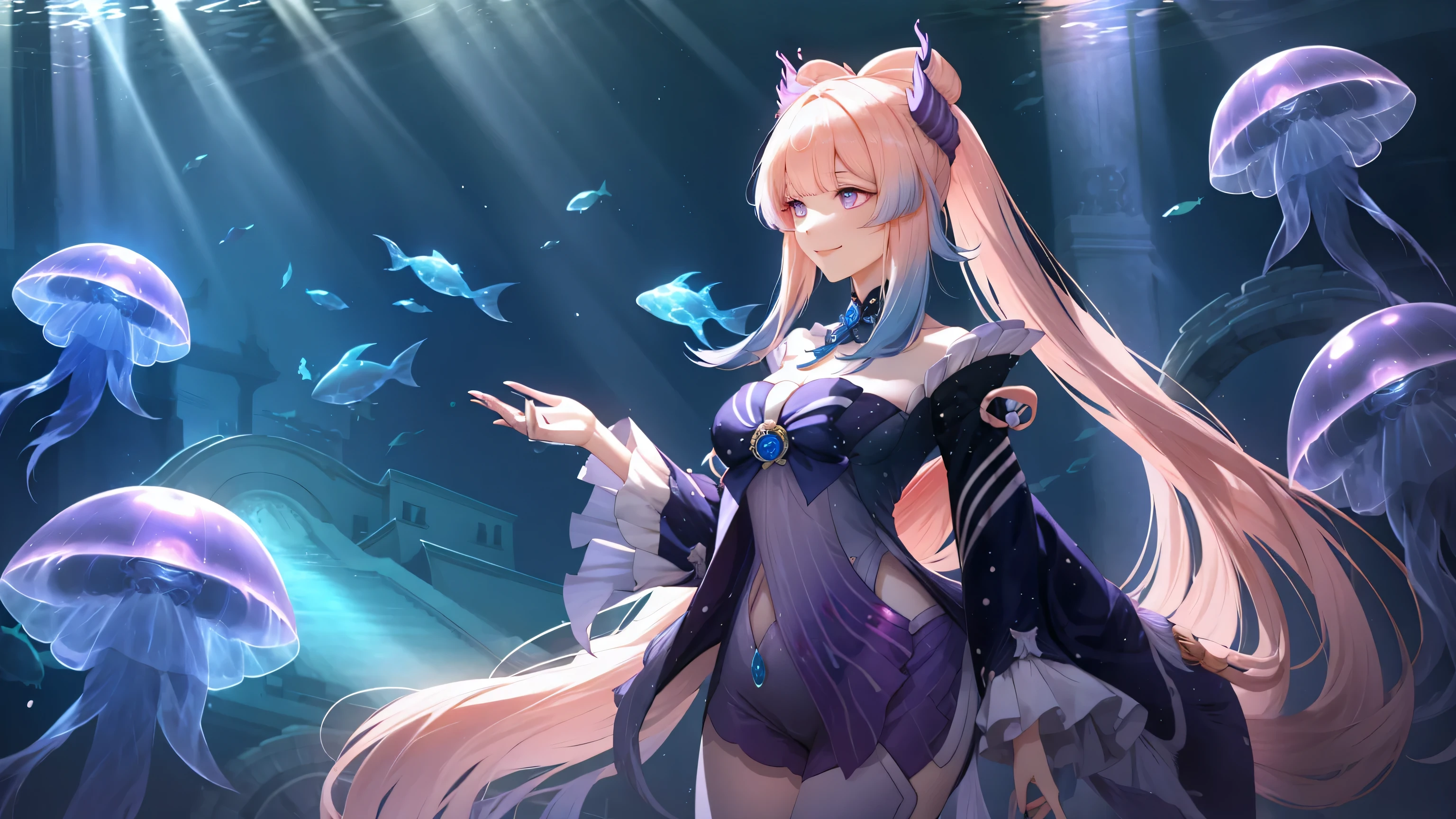 best quality, Super detailed,(Better lighting, The best shadow, Very gentle and beautiful), Underwater , there are jellyfish and fish, flowering, floating, High Saturation, Dynamic angles of the ideal female body, ((1 girl)), Excellent, Sangogu Palace fortifications, I look at the audience, Smile,
Purple Eyes, Hair accessories, Gradient hair, Pink Hair, Long hair,, White,
Underwater, jellyfish, fish,bubble, Sunlight,