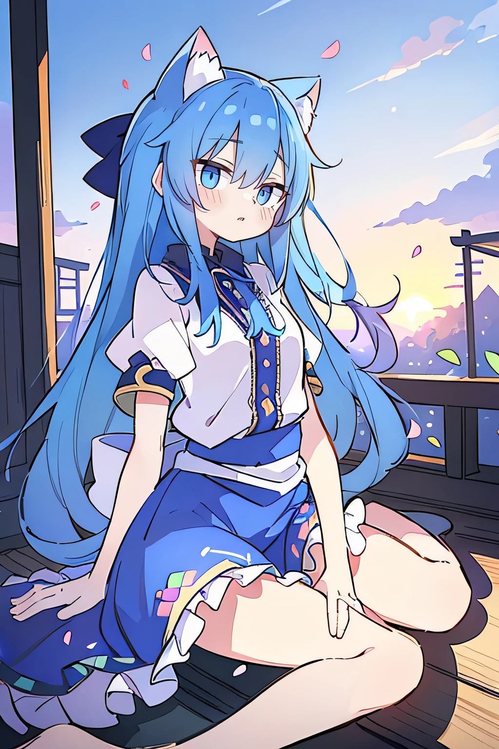 (masterpiece:1.2),Super detailed,Practical,expressive eyes,Fair skin,Perfect face shaping,1 Girl,
Japanese cartoons,Gorgeous blue hair, the long flowing blue hair,Floating clothes,Cat ears,Petals falling,beautiful lola,Young Angel,
Hands on waist,sit elegantly on the ground,Cross your legs,Gentle and peaceful background,Cool and cozy pavilion,Sunset,