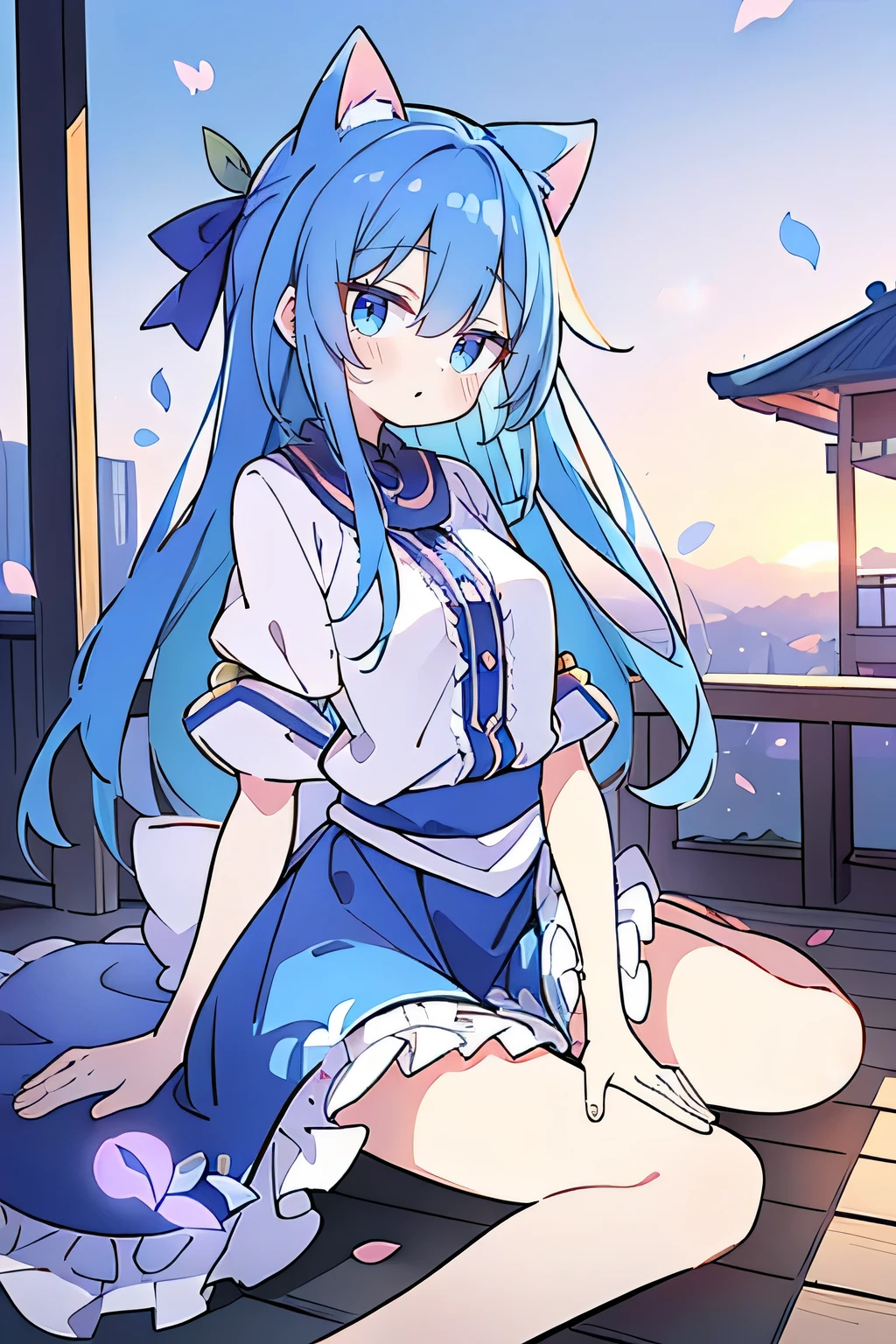 (masterpiece:1.2),Super detailed,Practical,expressive eyes,Fair skin,Perfect face shaping,1 Girl,
Japanese cartoons,Gorgeous blue hair, the long flowing blue hair,Floating clothes,Cat ears,Petals falling,beautiful lola,Young Angel,
Hands on waist,sit elegantly on the ground,Cross your legs,Gentle and peaceful background,Cool and cozy pavilion,Sunset,