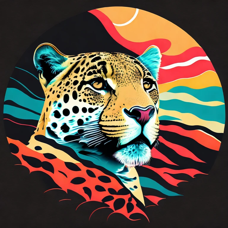 T-Shirt Graphic Design Art, a retro graphic design, Because it's a Jaguar, Smooth 4 colors, Tom Pastel Vintage, highly detailed cleaning, Vector Image, A masterpiece of realism, Professional photography, sunrise background, Flat black background, Isoscale, Vibrant Vector