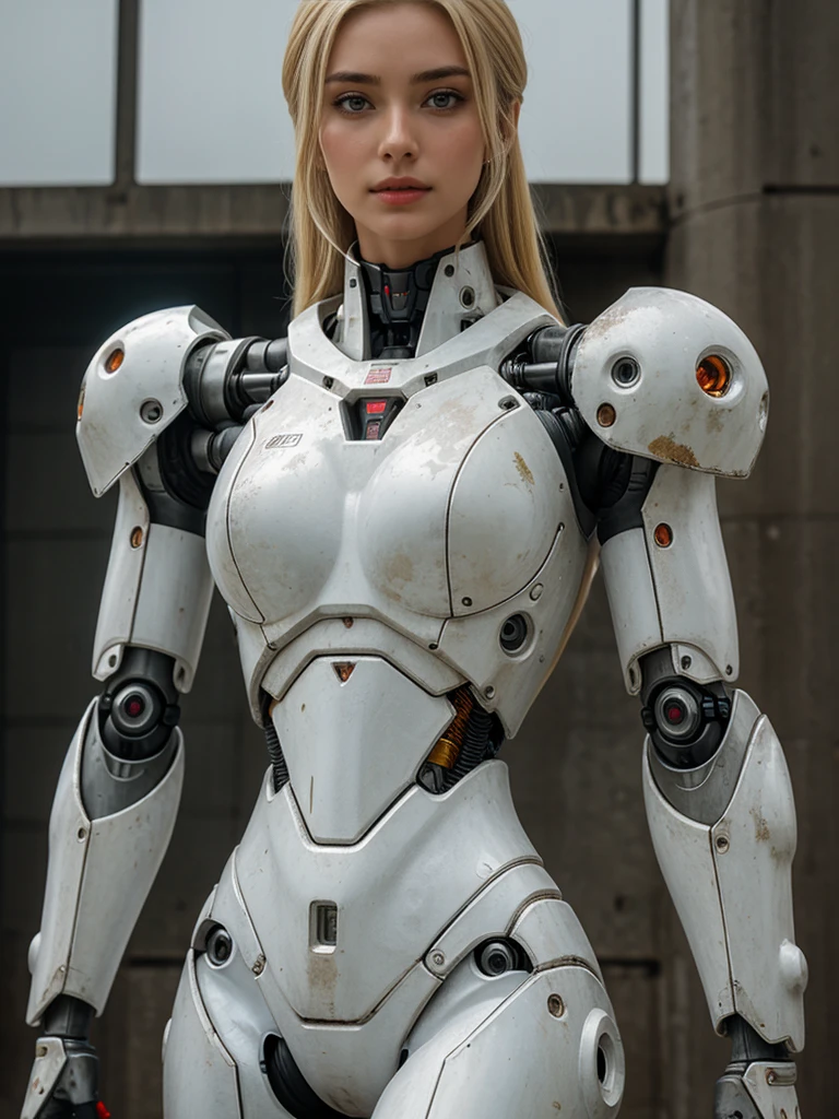 ((masterpiece, highest quality, Highest image quality, High resolution, photorealistic, Raw photo, 8K)), Abandoned robot soldier on battlefield, broken and immobile, rust and moss showing passage of time, female cyborg body, Blonde, female body, biomechanical , extra detailed body, blowjob white mech, white biomechanical details, detailed body, shiny white armor, cybernetic body, eva unit-00 on back, full body details,