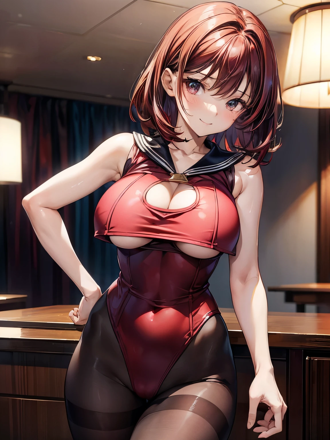 highest quality、Nice sexy body、One Woman、solo、(Beautiful busty woman:1.5)、Medium hair woman、((Woman with dark red hair))、A woman wearing a sailor-style leotard made of enamel、A woman wearing brown pantyhose、smile、Sexy pose