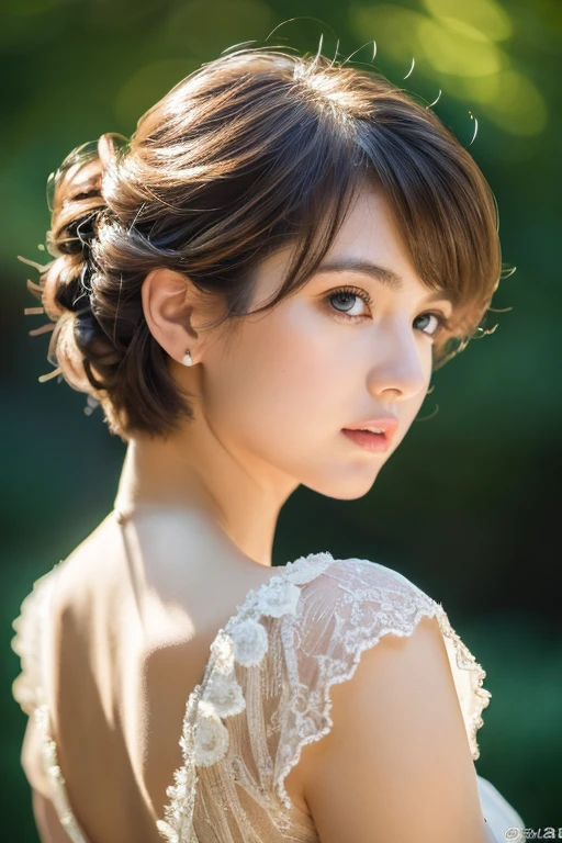 masterpiece, highest quality, ultra detailed, high resolution, (realistic, photo-realistic:1.37), good anatomy, 1 beautiful woman, voluminous updo, natural wavy, pixie cut, looking a viewer, (cinematic:0.7), depth of field, exteriors, night time, (character on front:1.3), ivory hair, golden eyes, ((upper body)), best light, best shadow, mysterious, perfect face, highly detailed,