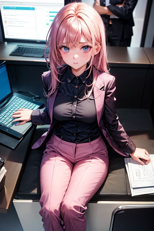 a girl is business girl wearing light pink jump shut and work in laptop ,a boy is business boy wearing black shut and pant and he is in his office and giving presentation sitting in meeting