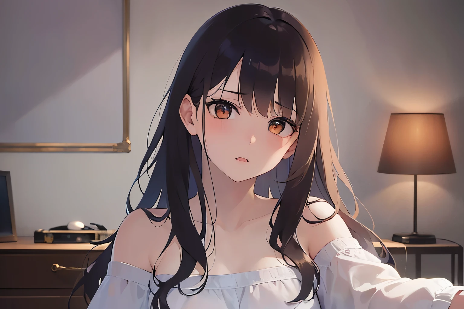 (outstretched arm:1.4)、Biologically correct five fingers、Upper Body, Realistic, real person, (pale skin: 1.2), RAW photo, photorealistic, portrait photography, shiny skin, shiny hair、(A 25-year-old woman with medium-length hair and bangs) and (wavy hair) and (brown hair) and (orange eyes) , (white:1.5) and (Off-the-shoulder blouse)、(sad:1.4), open mouth, The background is the living room at night、dark、Alone、Are standing