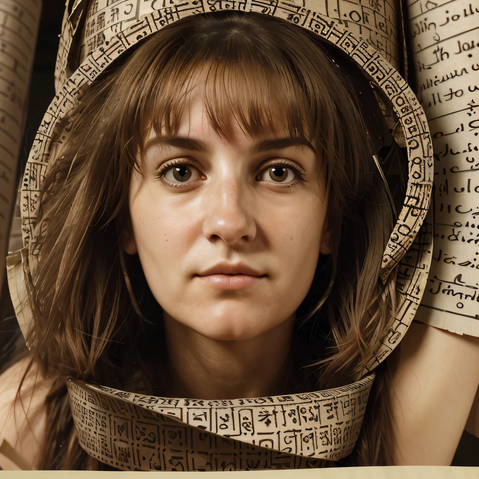 Close-up shot of a woman (Hypatia) surrounded by scrolls, writing on a papyrus with a thoughtful expression.