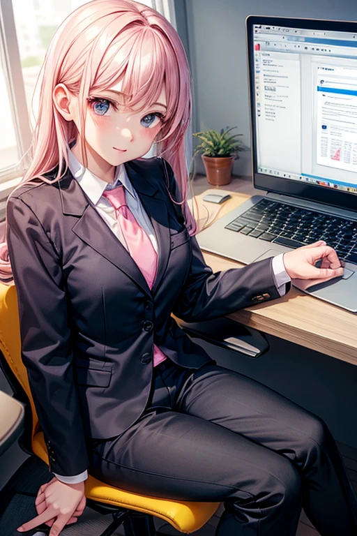 a girl is business girl wearing light pink jump shut and work in laptop and ,a boy is business boy wearing black shut and pant and he is in his office and giving presentation sitting in meeting