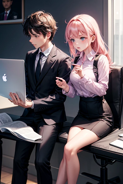 a girl is business girl wearing light pink jump shut and work in laptop and ,a boy is business boy wearing black shut and pant and he is in his office and giving presentation sitting in meeting