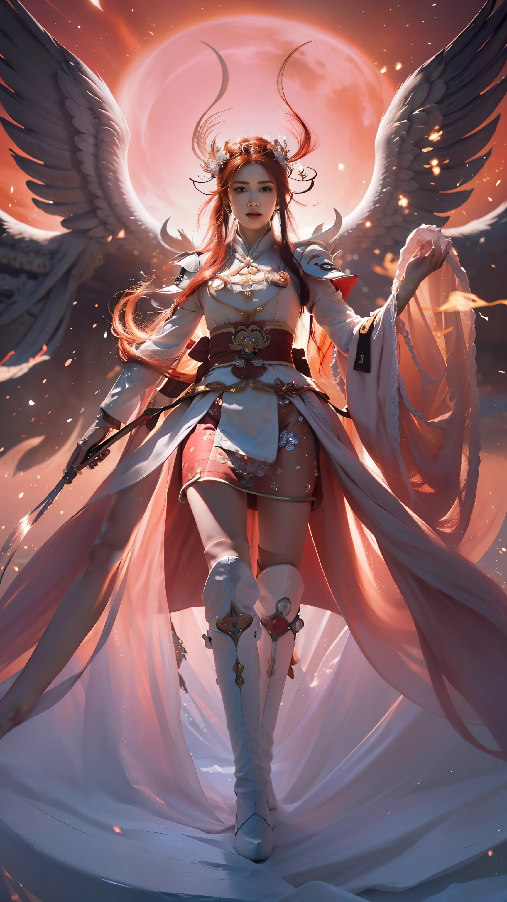 a close up of a woman in a white dress with a long red hair, beautiful celestial mage, full portrait of elementalist, full body xianxia, heise jinyao, onmyoji detailed art, g liulian art style, extremely detailed artgerm, by Yang J, Red haired deity, astral ethereal, holy fire spell art, highly detailed, (high detailed skin:1.3), (photorealistic:1.3), ultra-detailed, (high detailed skin:1.2), expressionless, 8k uhd, dslr, soft lighting, high quality, film grain, Fujifilm XT3, best quality, beautiful lighting