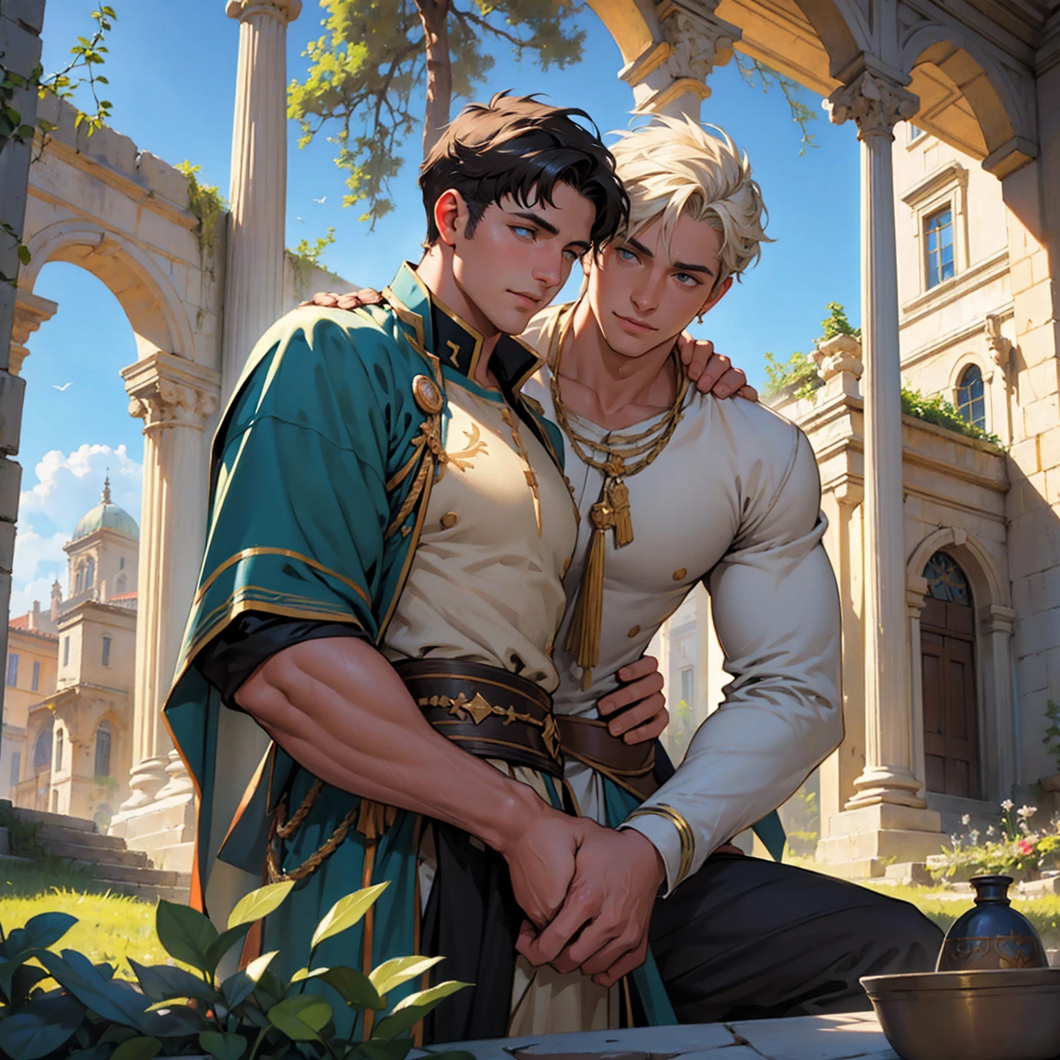 best quality,4k,8k,highres,masterpiece:1.2,ultra-detailed,realistic:1.37,constantine the great and his son crispus,beautiful detailed eyes,beautiful detailed lips,extremely detailed eyes and face,longeyelashes,Constantine the Great and his son Crispus in a garden,illustration,oil painting,3D rendering,photography,masterpiece,peaceful and sunny atmosphere,vibrant colors,gentle lighting,Constantine and Crispus repairing their relationship in modern times,Croatian city of Pula in the background,happy and harmonious relationship,blue sky,serene atmosphere