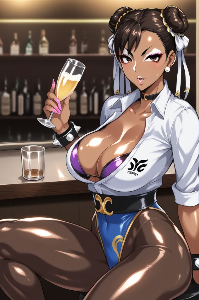 Score_9, score_8_up, score_7_up, score_6_up, score_5_up, score_4_up, source_anime, solo, 1girl, mature female, chun-li, dark skin, dark-skinned female, makeup, white eyeshadow, parted lips, Gyaru, tanned skin, shiny skin, metallic tan, colored skin, jet-black skin, saliva, piercing BREAK light blush, drinking glass, bar, dim lighting, drunk, 