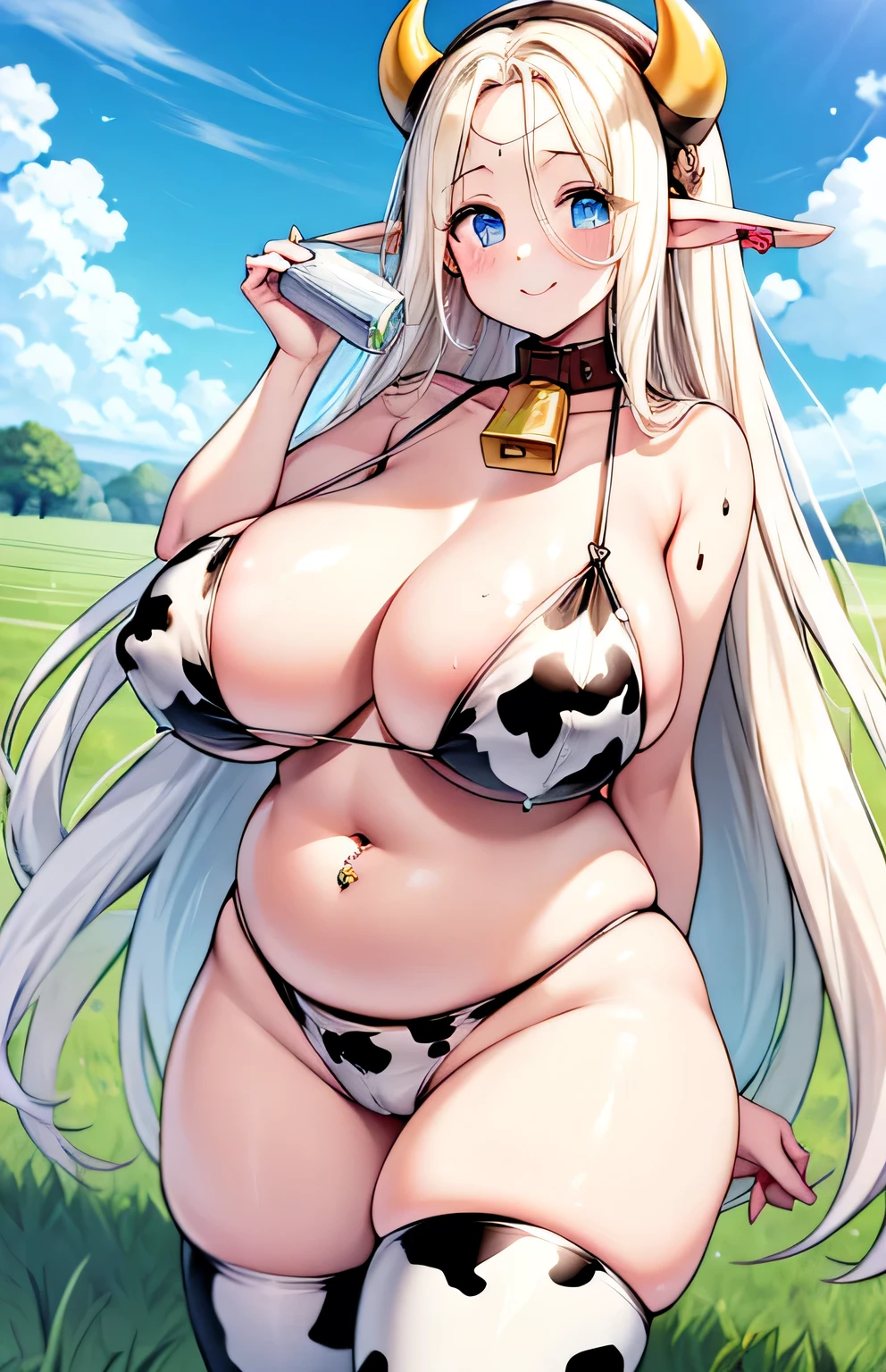 Anime illustration、highest quality、Short high school girl、Transistor Grammar、Cowbell collar、big belly button piercing、Holstein daughter、Cow print tube top、hot pants、Cow print knee socks、Perfect proportions、vast ranch、Pasture、Cowshed、Clear skies、overwhelmingly big breasts、Beautiful, shining eyes、Cowboy Shot、smile、Excessive sweating、Noise Reduction、detailed hand