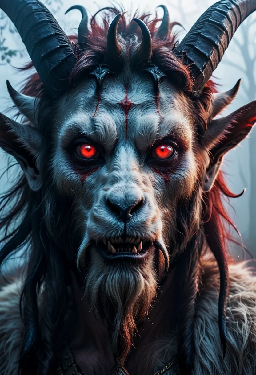 Focus on a close-up of the Goatman's face in the mist, emphasizing his eerie and frightening features. His eyes are glowing red, his face is a mix of human and goat with sharp teeth and large horns, and his expression is menacing, aiming to instill fear.