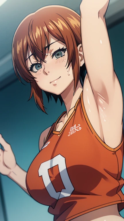 a close up of a person wearing a volleyball uniform, a picture, inspired by Kentaro Miura, trending on pixiv, Kotegawa Chisa, Grand Blue, wearing a low cut croptop, wearing croptop, croptop, golden raito, (winking), large)}], favorite scene, fine details. anime. skins, sweating, big breasts, both hands raised, armpits, armpits visible, dripping with sweat, more more sweat, sweaty armpits, smile