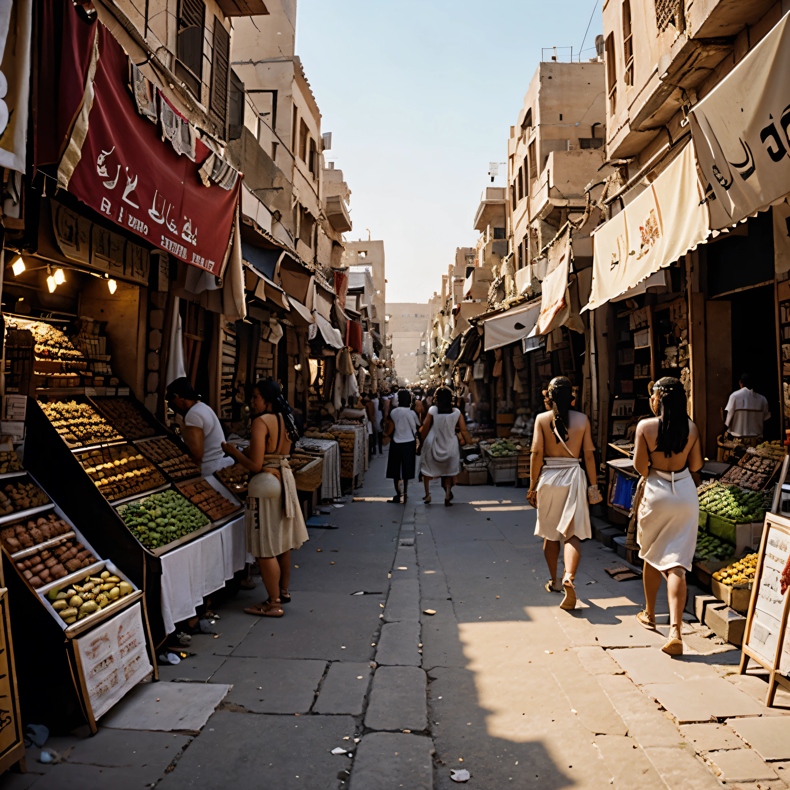 Establishing shot of a bustling ancient Egyptian city. People in togas walk by, markets overflow with goods.