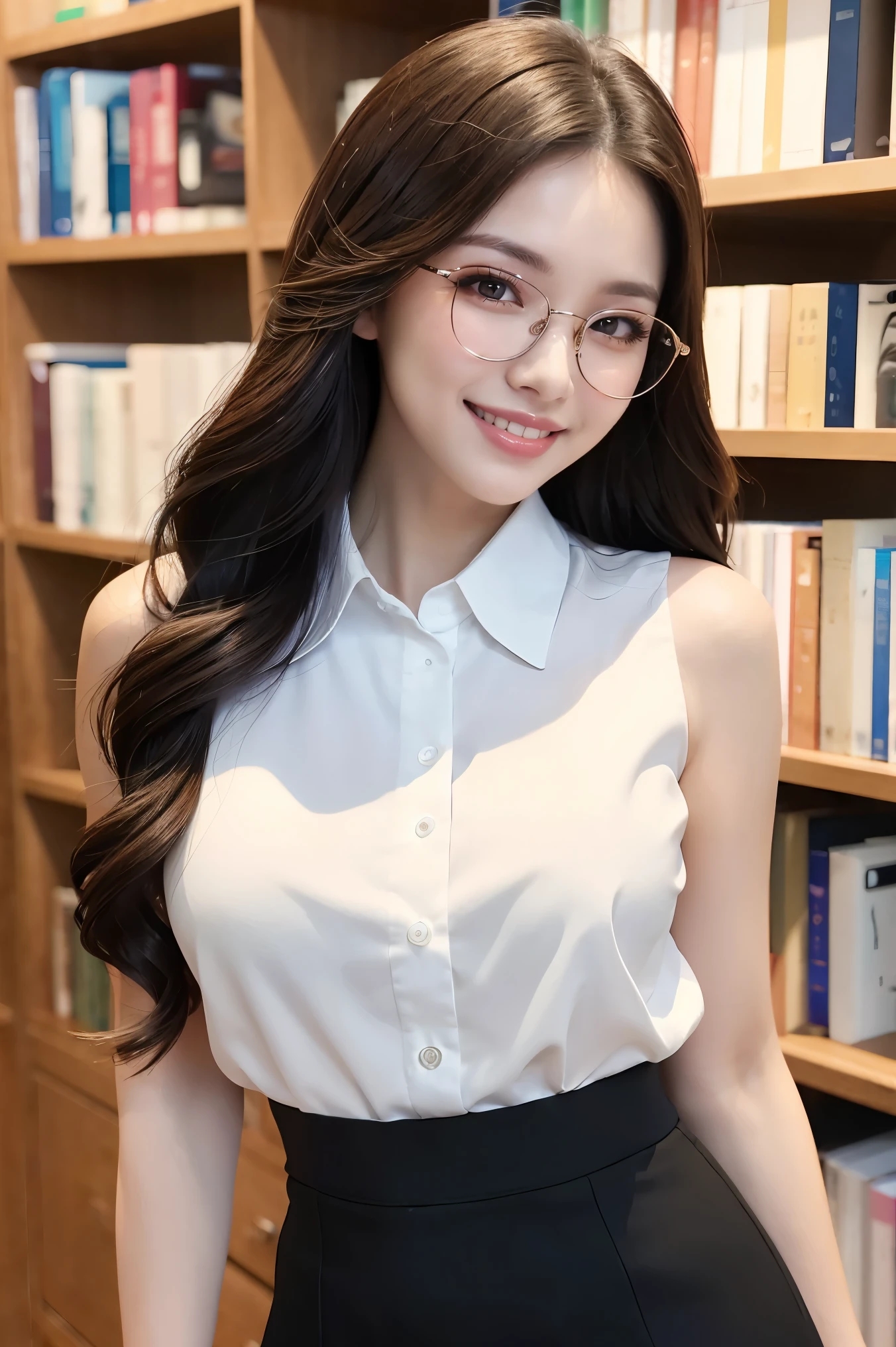 (highest quality、Tabletop、8k、Award-winning works、Ultra-high resolution、Best image quality)、One beautiful woman、(White polyester sleeveless collared blouse:1.2)、(Elegant black tight skirt:1.1)、(Huge breasts:1.1)、The most beautiful smile is looking at me、laughing out loud, Show off your beautiful teeth、(Elegant round glasses:1.1)、Beautiful and elegant very long wavy hair、library、(Standing Elegantly:1.1)、(Strongly blurred background:1.1)、Stand next to a bookshelf、(Perfectly organized bookshelf:1.1)、Bookshelf in the background、居心地の良いlibrary、lipstick、Long eyelashes、Heavy makeup、Perfect Makeup、Colored contact lenses、Accentuate your body lines、Big ample breasts、Soft and warm lighting、Detailed bookshelf、(Ultra-high resolutionの正確な美しい髪:1.1)、(Accurate anatomy:1.2)、Ultra-high definition beautiful eyes、Ultra-high definition beautiful teeth、(Super bright and radiant skin:1.3)、Blurred Background
