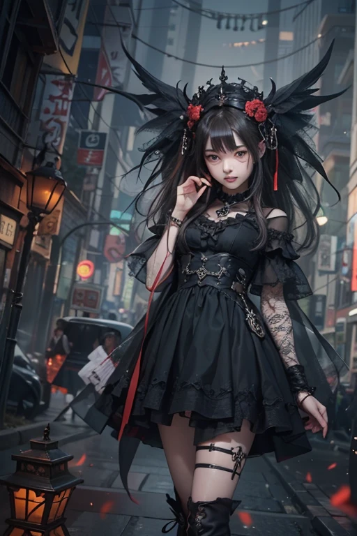 top-quality、8K、masterpiece:1.3、Gothic punk、Red inner color、A dark-haired、hair adornments、a beauty girl、creative、dark fantasy style、Neogos、Goth Fashion:1.2、Yellow Eyes、I can see the fangs、Tokyo Night