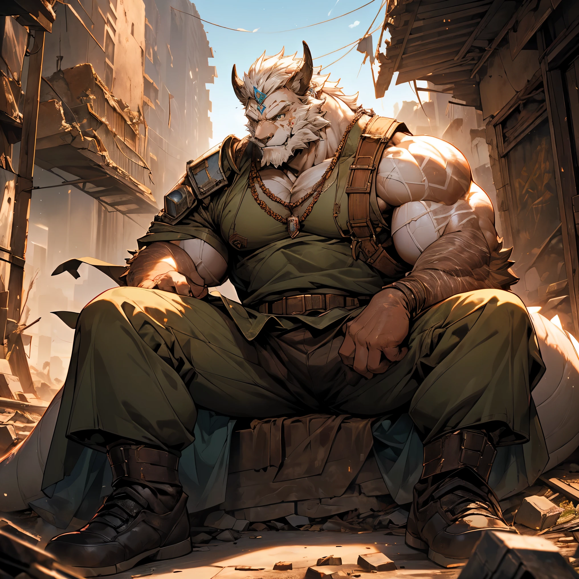 肌肉发达的White Dragon,Handsome, White Dragon,Pectoralis major, Heavyweight, Bodybuilder figure, military uniform, Crotch bulge, Mighty dragon mouth,Sitting on the ruins，In the ruins of the battlefield, Handsome的龙角,sparkling skin, The eyes are shining,White Dragon,Vibrant colors, 4K, realism, shining lights, Huge muscles, Magnificent,  Detailed face, Thin muscle, (See the whole body), ((1 person)), (Purpose (great muscular soldier old人 sitting resting in the ruins of the building)), The  is a soldier and wears a soldier's uniform, old(beard, Beads, barba blanca,,  White hair,  Strong muscles), (background story ((Abandoned Land, post-apocalyptic, City ruins))), (photography (Telephoto 50mm, Cinematic, cinematic colour))