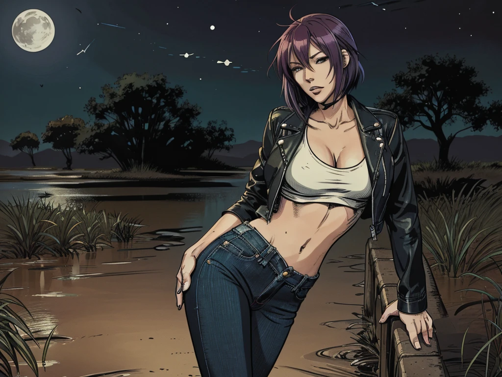 vector image, 2d cartoon,masterpiece, An anime woman,colored hair, tight ultra-long bootcut jeans, leather biker jacket:1.1, provocative pose, gloomy ecstasy expression, touches herself in sensually places,near swamp, crop-top,heels, looks around, night, standing