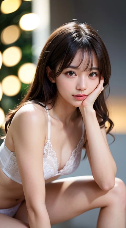 (masterpiece, highest quality:1.4), Beautiful Face, 8k, 85mm, Absurd, ((Lace Underwear、White or pink、Crouch down、Full body description、M-shaped splits、Showing pussy、Showing nipples erect 1.6)Violet, Gardenias, Delicate girl, alone, night, View your viewers, Film Grain, chromatic aberration, Sharp focus, Face Light, Professional Lighting, Sophisticated, (smile:0.4), (Simple Background, Bokeh Background:1.2), Detailed aspect
