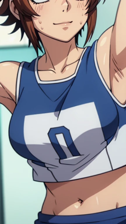 a close up of a person wearing a basketball uniform, a picture, inspired by Kentaro Miura, trending on pixiv, Yor Forger, Spy x Family, wearing yellow nba jersey, yellow croptop nba jersey, wearing a low cut croptop, wearing croptop, croptop, the words "Lakers" written on the croptop, golden raito, (winking), shirobako, large)}], favorite scene, fine details. anime. skins, sweating, big breasts, both hands raised, armpits, armpits visible, dripping with sweat, more more sweat, sweaty armpits, sudando mucho, pechos very more breast, ropa pegajosa, toda sudada, very very more breast, very very more breast, menos ropa, very more sudor, menos ropa, sudor exagerado y mucho más pechos