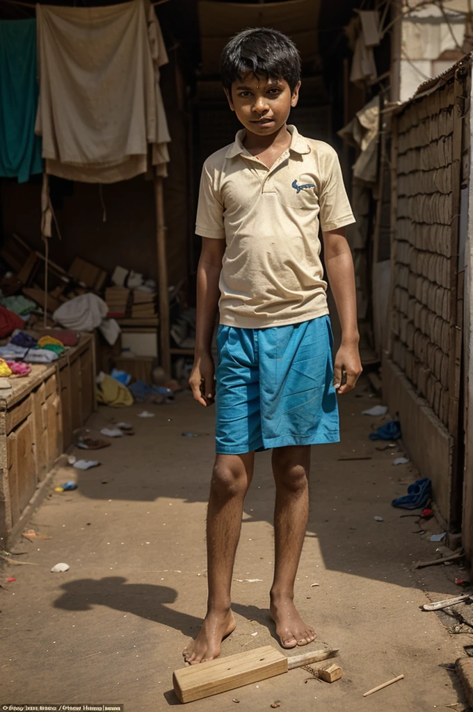 
1. Yashaswi Jaiswal as a young boy, barefoot, holding a makeshift cricket bat made of wood, playing on the dusty streets of Mumbai.