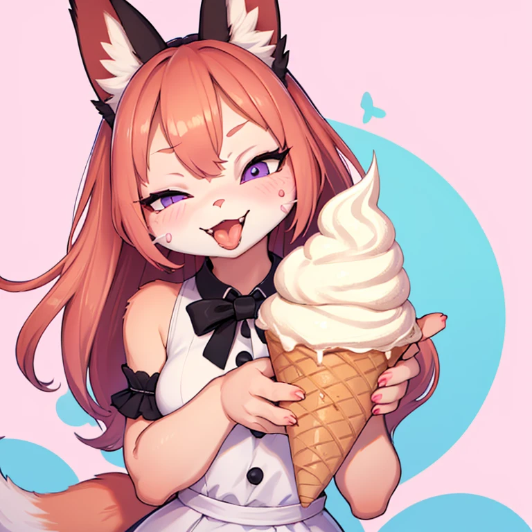 focus face , fox mom , round face , (tilt face:1.5) , (half-open wink:2) , moist Narrow round eyes , (Double teeth:1.2) , sensational smile , glossy lips , (open mouth wide) , (show off uvula:1.2), (licking Soft serve ice cream:1.2) , (melted vanilla Soft serve ice cream on face:1.2)  , thin summer dress