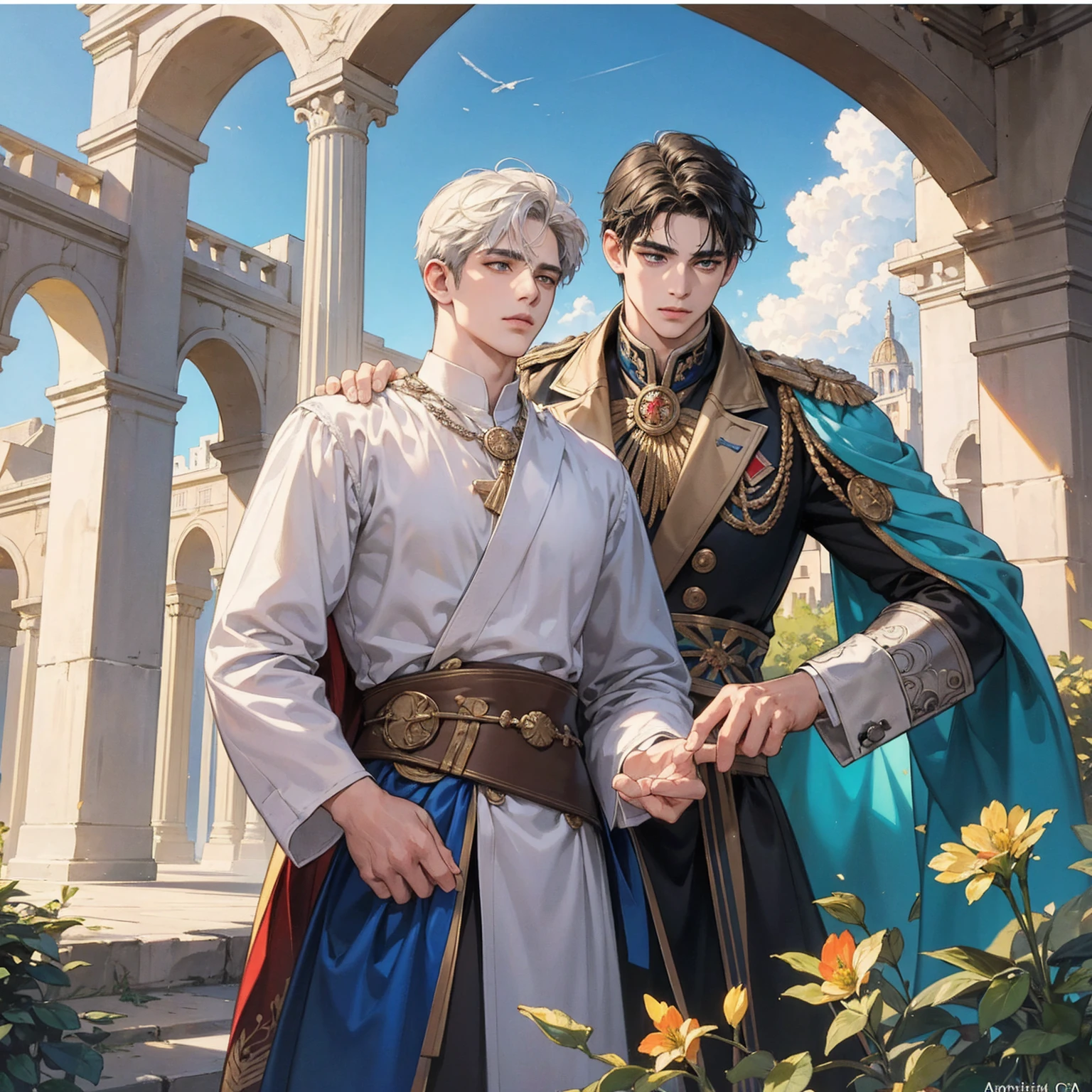 best quality,4k,8k,highres,masterpiece:1.2,ultra-detailed,realistic:1.37,constantine the great and his son crispus,beautiful detailed eyes,beautiful detailed lips,extremely detailed eyes and face,longeyelashes,Constantine the Great and his son Crispus in a garden,illustration,oil painting,3D rendering,photography,masterpiece,peaceful and sunny atmosphere,vibrant colors,gentle lighting,Constantine and Crispus repairing their relationship in modern times,Croatian city of Pula in the background,happy and harmonious relationship,blue sky,serene atmosphere