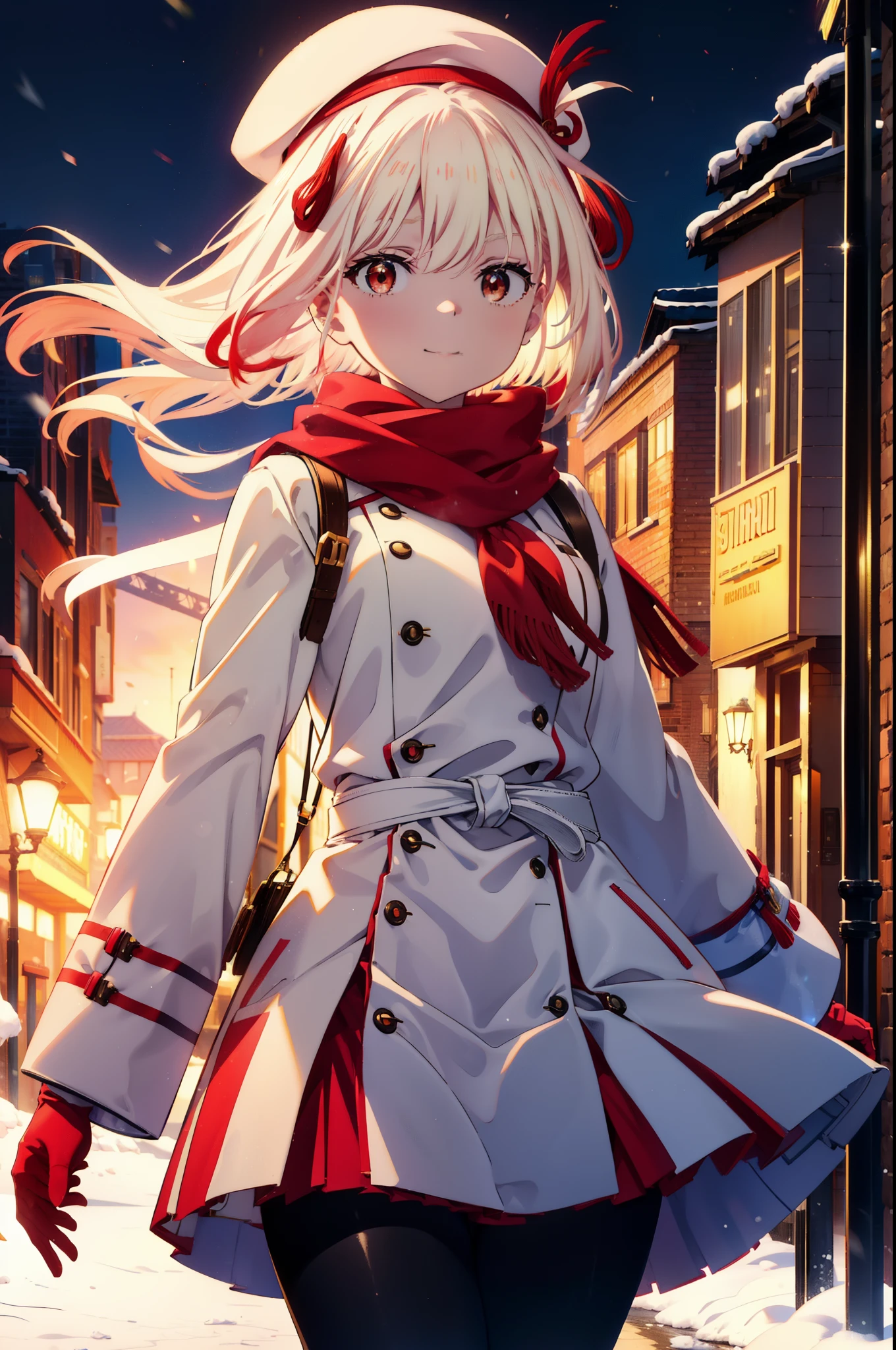 chisatonishikigi, nishikigi chisato,Long Hair , bangs, blonde, (Red eyes:1.5),happy smile, smile, Open your mouth,White knit hat,Yellow coat,Red Scarf,White Sweater,He has fluffy white gloves on both hands.,Long skirt,Black pantyhose,short boots,Shirogane World,Snow is piling up,that'it's snowing,that'it's snowing,winter,Cold Sky,moonlight,full moon,night,
break looking at viewer, whole body, Upper Body,(Cowboy Shot:1. 5)
break outdoors, cthaty,Building Street,
break (masterpiece:1.2), highest qualthaty, High resolution, unthaty 8k wallpaper, (shape:0.8), (Beautiful and beautiful eyes:1.6), Highly detailed face, Perfect lighting, Extremely detailed CG, (Perfect hands, Perfect Anatomy),